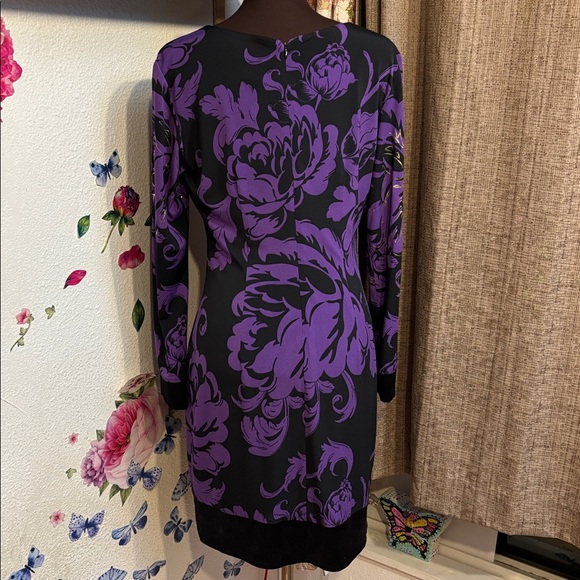 Cache, elegant black purple and gold floral long sleeve mini dress. Size 10. - Picture 8 of 17